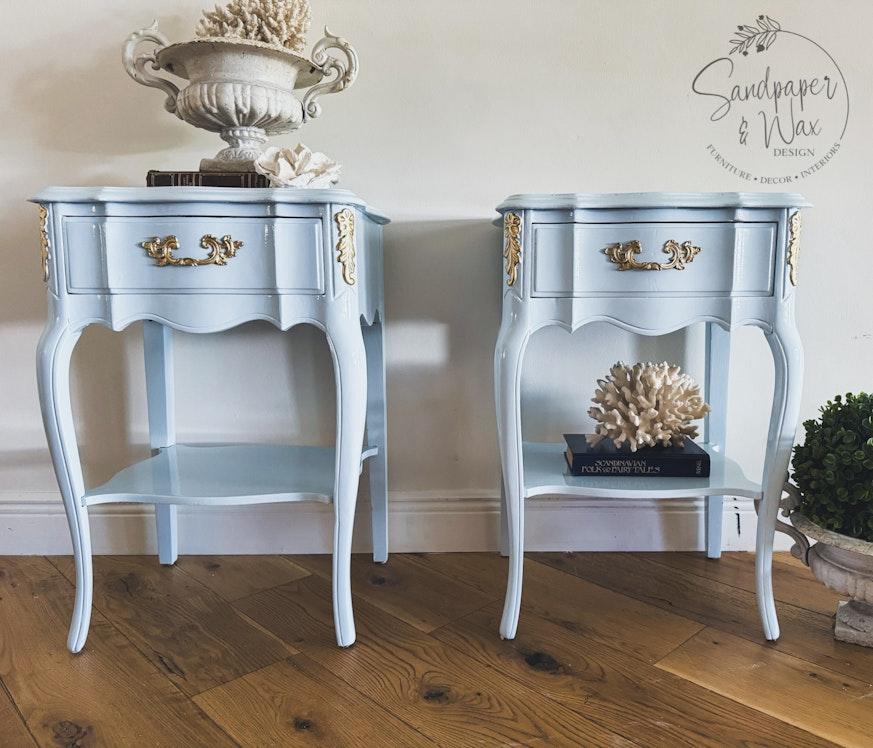 Pair of Vintage French Style side tables, light blue lacquer image 6