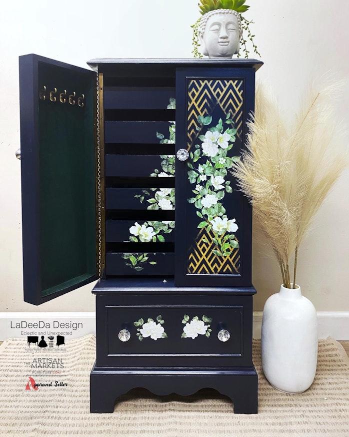 Floral Navy Wood Jewelry Storage Cabinet image 3
