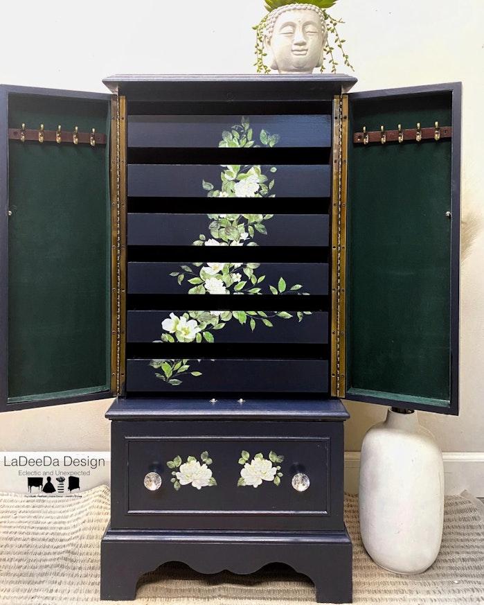 Floral Navy Wood Jewelry Storage Cabinet image 9