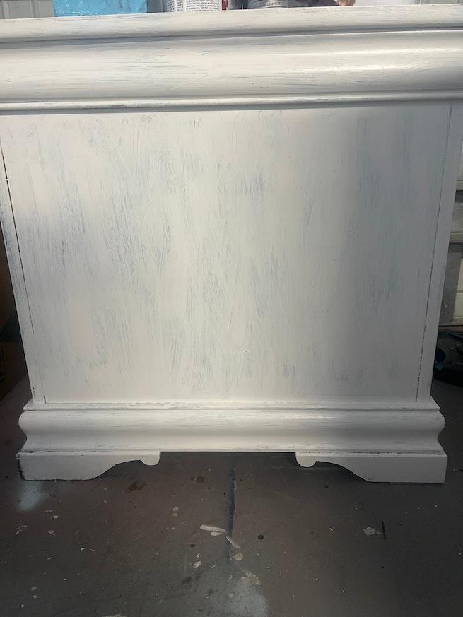 Distressed Creamy Nightstand w Brushed Blue Drawers & Knobs image 2