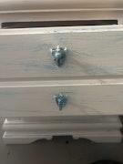 Distressed Creamy Nightstand w Brushed Blue Drawers & Knobs image 5