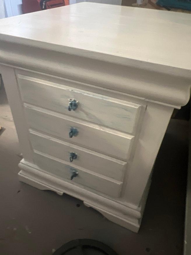 Distressed Creamy Nightstand w Brushed Blue Drawers & Knobs image 6